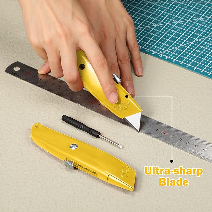 Reginary 20 Pcs Box Cutter Bulk Retractable Utility Knife Heavy Duty Aluminum Alloy Razor Knife for Cardboard Box Carton Opener for DIY, Factory, Home Office(Yellow)