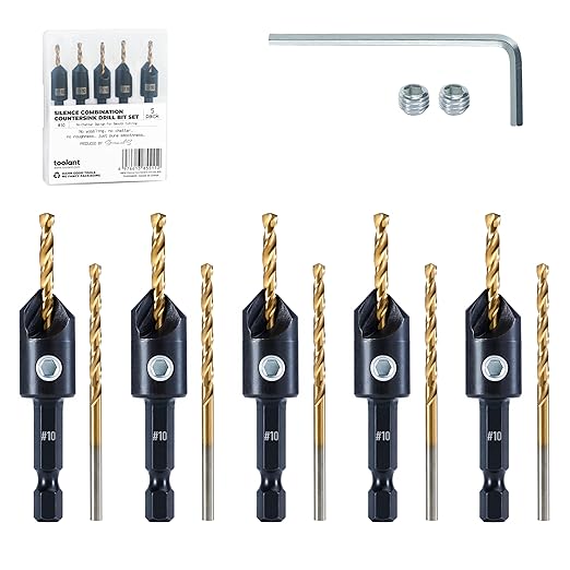 toolant Countersink Drill Bit Set,5Pcs #10 Counter Sink Drill Bit Set for Wood, High-Speed Steel 5 Spare Bits Adjustable for Woodworking and Carpentry, Pilot Screw Hole Set