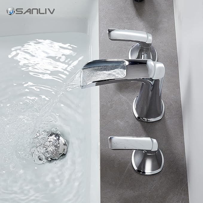Chrome Waterfall Bathroom Faucet, Sanliv 3-Piece Widespread Bathroom Sink Faucets, 2-Handle Vanity Faucet for 3-Hole Sinks 4-8 Inch with Pop-Up Drain, ?랶olished Chrome