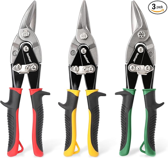 HURRICANE 3 pc Aviation Tin Snips Set, 10 inch Metal Cutter Shears for Cutting Sheet Metal, Cr-V Blades, Straight Left and Right Aviation Snips, with Ergonomical TyreGrip Handle and Safety Latch