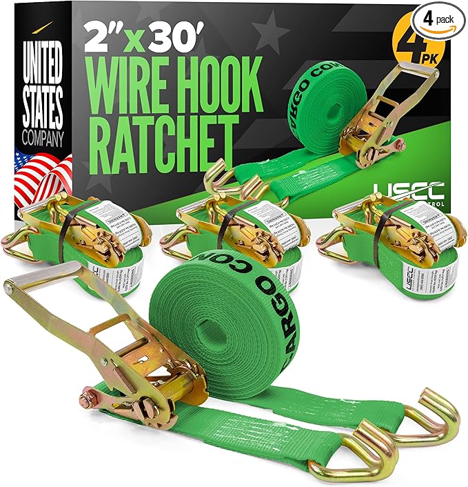 US Cargo Control Wire Hook Ratchet Straps 2 Inch x 30 Foot (4-Pack), 10,000 LBS Break Strength, Ratchet Straps Heavy Duty with Double J Hooks, Green Cargo Tie Downs for Flatbed Trailers and Trucks