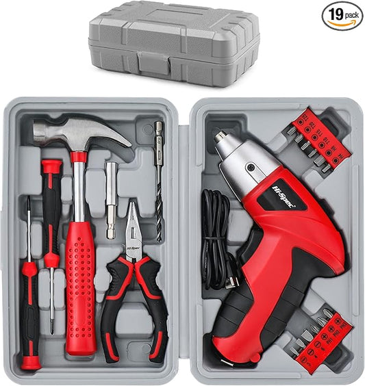 Hi-Spec 19pc 3.6V USB Small Power Screwdriver & Home DIY Tool Kit Set. Cordless & Rechargeable Electric Screwdriver and Compact Hand Tool Box Set,Red