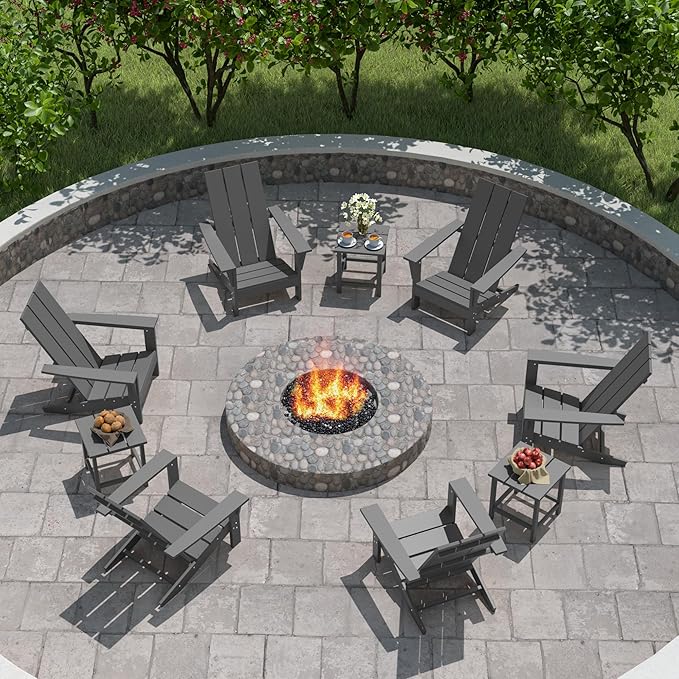 9 Pieces Adirondack Chair Set Outdoor Adirondack Chair Plastic HDPE All-Weather Adirondack Chairs Outdoor Fire Pit Chairs with Table for Deck Patio Garden（Grey）