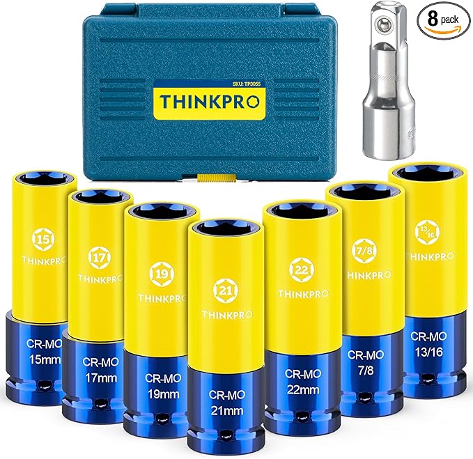 Impact Lug Nut Socket-8 Pieces Thin Wall Impact Sockets,Non-Marring Impact Socket Set,1/2 Deep Wheel Protector Metric 15 17 19 21 22 MM & SAE 13/16 7/8 in.Cr-Mo Steel