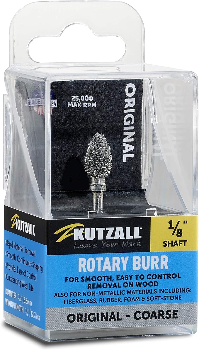 Kutzall Original Flame Rotary Burr, 1⁄8" Shaft, Coarse - Wood Carving Bit for Dremel, Foredom, DeWalt, Milwaukee. Abrasive Tungsten Carbide, 1⁄4" (6.3mm) Dia. X 1⁄2" (12.7mm) Length, FL-14-E