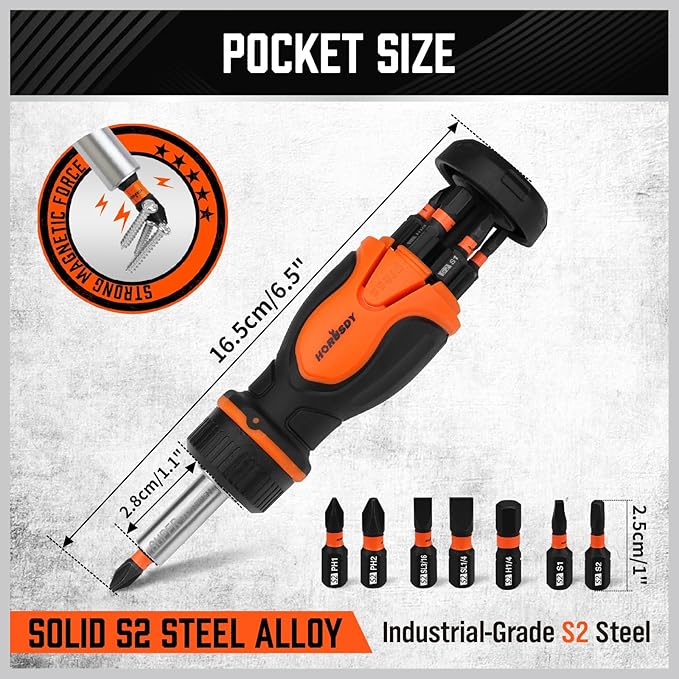 HORUSDY Magnetic Portable Screwdriver Bit Set: 8-in-1 Ratcheting Screw Driver Includes 1/4?쒫it Driver Holder, 7 Screwdriver Bits with Phillips, Slotted, Square, Hex, for Garage & Daily Repair