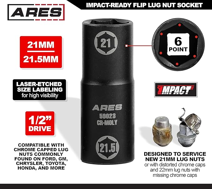 ARES 59023-1/2-inch Drive 21 x 21.5mm Half Size Lug Nut Flip Socket - Impact Grade Chrome-Moly Steel ??Remove Warped, Damaged, and Bloated Chrome Capped Lug Nuts