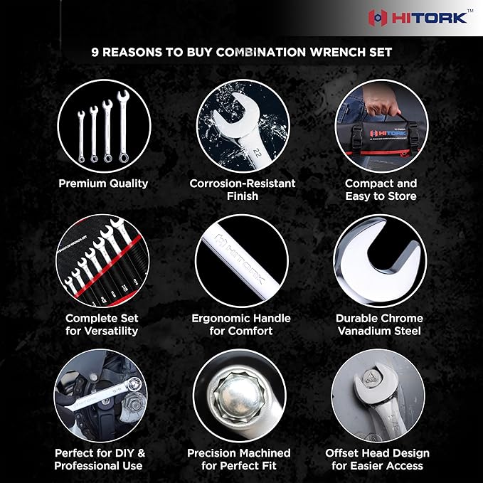 Hitork 11 Piece Combination Wrench Set with Roll Pouch, SAE Sizes (1/4" - 7/8"), Drop Forged Cr-V Steel, Chrome Plated Mirror Finish, 12 Point Box End, 15째 Offset, Exceeds ANSI Standards