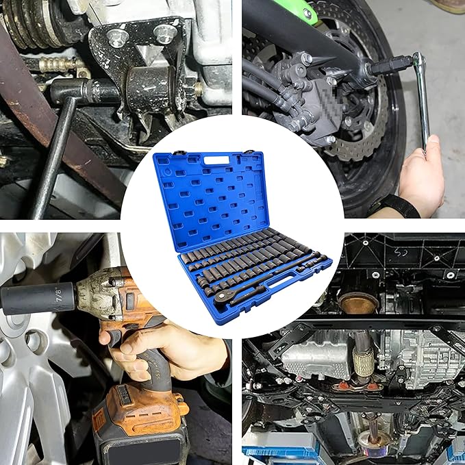 70pcs 1/2" Drive Impact Socket Set, Cr-V Steel, SAE & Metric, Standard/Deep Sockets with 72 Teeth Ratchet Handle, Extension Bar, and Adapters