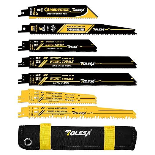TOLESA 13 Pieces Reciprocating Saw Blade Set, Carbide & Bi-Metal Saw Blades for Wood Pruning, Wood with Nails, Thick Metal & Plastic with Organizer Bag