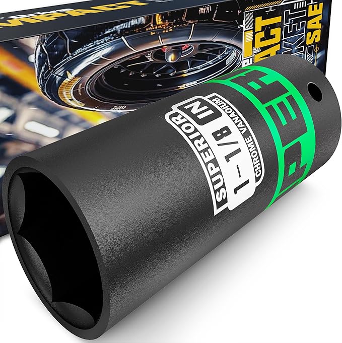 1/2" Drive Impact Socket, 1-1/8 inch Deep Socket, SAE, 6 Point, CR-V, for Car Repair, Loosen the Fastening Nut