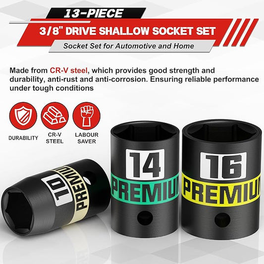 13-Piece 3/8" Drive Shallow Impact Socket Set, 7-19mm, Semi-Deep Sockets, CR-V, Socket Set for Automotive and Home, Metric, 6 Point Socket Set for Automotive and Home