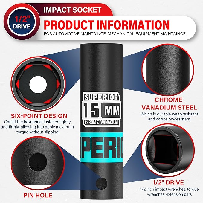1/2" Drive Impact Socket, 15 mm Deep Socket, Metric, 6 Point, CR-V, for Automotive Maintaince, Mechanical Equipment Maintaince