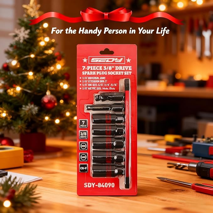 8-Piece 3/8''-Drive Spark Plug Socket Set, Impact Spark Plug Socket Set with Magnetic Rail, SAE & Metric, 5/8-inch, 3/4-inch, 13/16-inch, 14mm, 18mm, Extension Bars, Universal Joint