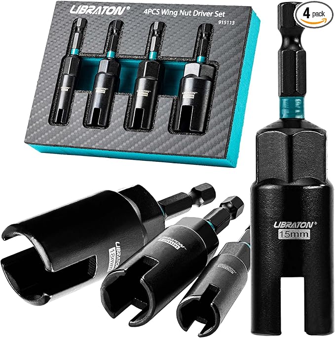 Libraton Wing Nut Driver 4PCS, Wing Nut Driver Bit, 1/4??Hex Shank Wing Nut Driver Set 9mm 12mm 15mm 18mm, Nut Driver Set with EVA Storage for Hook Bolt Installation, Wire Twisting