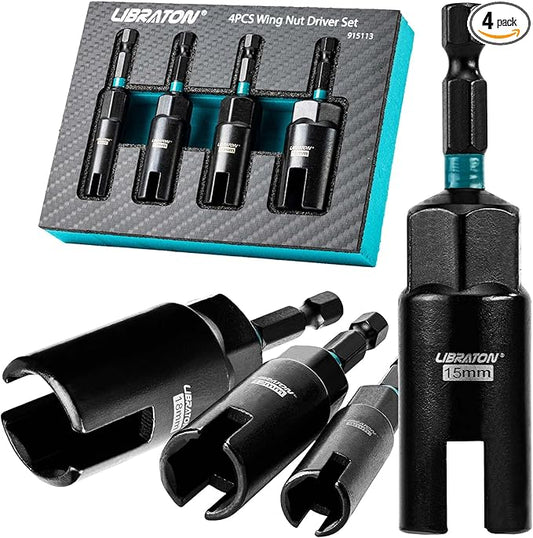 Libraton Wing Nut Driver 4PCS, Wing Nut Driver Bit, 1/4??Hex Shank Wing Nut Driver Set 9mm 12mm 15mm 18mm, Nut Driver Set with EVA Storage for Hook Bolt Installation, Wire Twisting