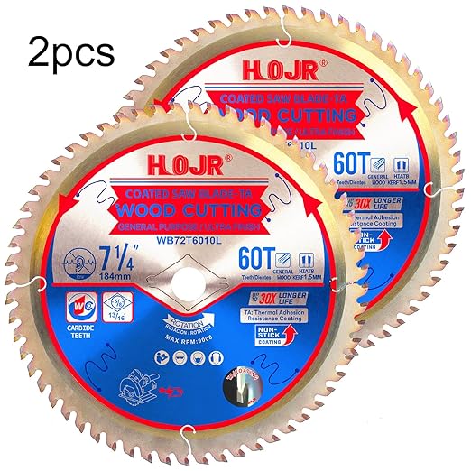 2-Pack 7-1/4" 60-Tooth 5/8" Arbor Woodworking Circular Saw Blade,Ultra Finish/General Purpose,Special Anti-Thermal Adhesion Coating on Cutting Edge-TA,High Finish, Long Life, 7-1/4" 60T 5/8"