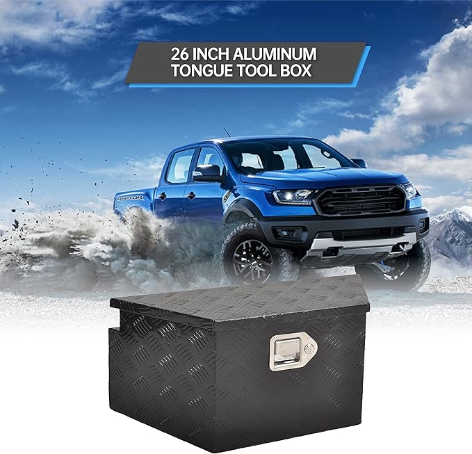 26 Inch Aluminum Tongue Tool Box Heavy Duty 5 Bar Tread Trailer Tongue Box Pick Up Truck Tool Box Storage Organizer with Lock & Keys (26"X13.3"X12")