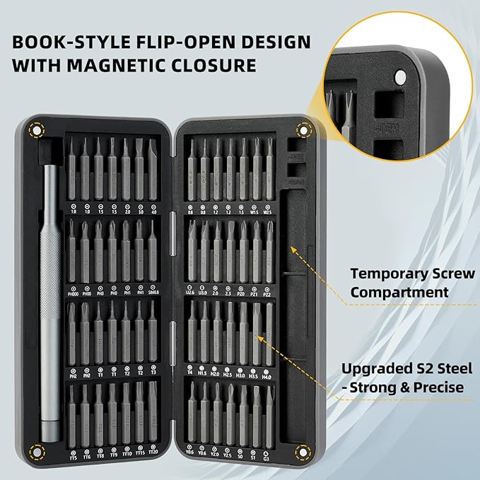Precision Screwdriver Set, 57-in-1 Magnetic Small Electronics Repair Tool Kit with S2 Steel Bits & Flip-Open Magnetic Case for Laptop, PC, Tablet, Phone, Watch, Glasses, Gaming Console, DIY