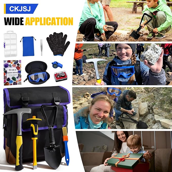 14PCS Geology Rock Hounding Kit, 30oz Rock Pick Hammer with 12" Chisel, Gold Mining & Prospecting Equipment Tool with Backpack, Shovel, Magnifier, Whistle