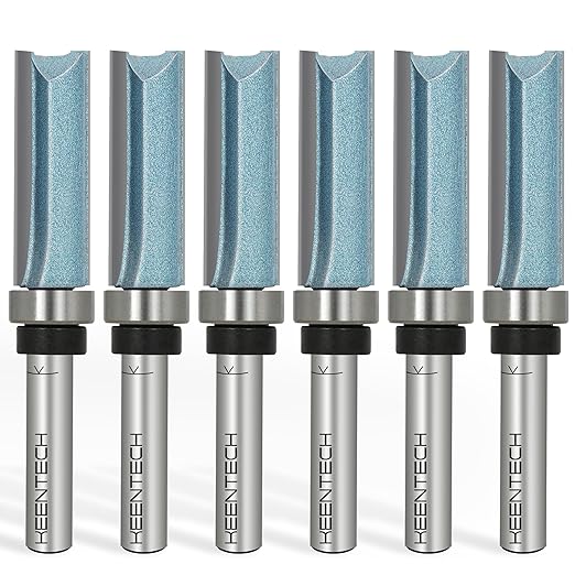 KEENTECH 6PCS Router Bits Set 1/4" Shank, Flush Trim Router Bit, Top Bearing Carbide Tipped Pattern Bit, Template Straight Heavy Duty Woodworking Trimming Cutting Tool, 1/2" Diameter 1-1/2" Depth