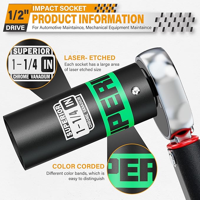 1/2" Drive Impact Socket, 1-1/4 inch Deep Socket, SAE, 6 Point, CR-V, for Car Repair, Loosen the Fastening Nut