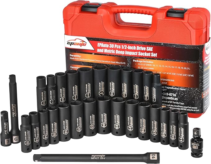 EPAuto 1/2-Inch Drive SAE (3/8-1 inch) | Metric (10-24 mm) Deep Impact Socket Set | Extension Bar | Universal Joint, Cr-V, 6 Points, 30 Pieces