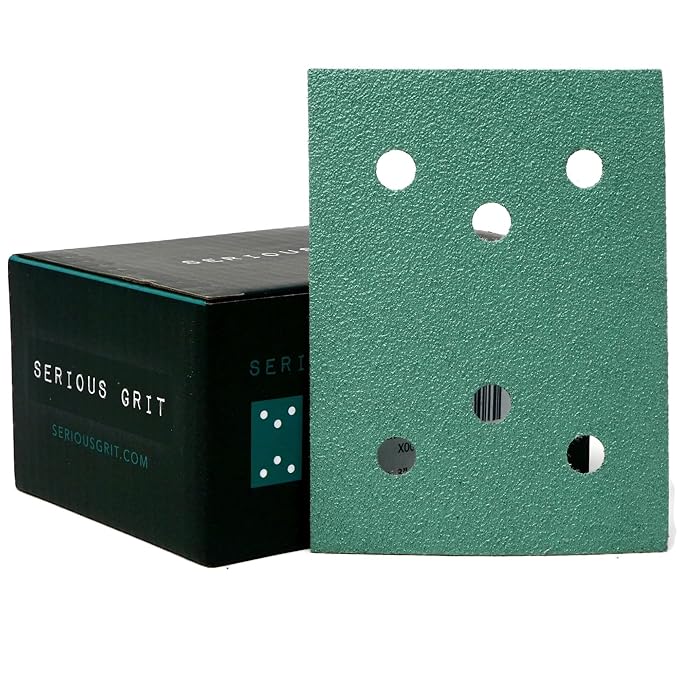 Serious Grit - 3" x 4" 6-Hole 80 Grit Sanding Sheets - Fits Surfprep, Uneeda Ekasand, Mirka DEOS 343 - Heavy-Duty Hook & Loop Film Abrasive Pads - Sandpaper for 3x4 Sheet Sanders - 50 Pack Box