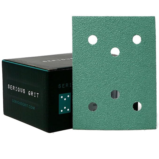 Serious Grit - 3" x 4" 6-Hole 80 Grit Sanding Sheets - Fits Surfprep, Uneeda Ekasand, Mirka DEOS 343 - Heavy-Duty Hook & Loop Film Abrasive Pads - Sandpaper for 3x4 Sheet Sanders - 50 Pack Box
