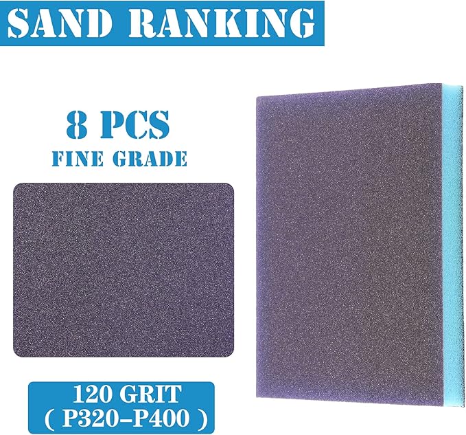 8Pcs 120 Grit Sanding Sponge, Jamiikury Fine Sanding Blocks Washable and Reusable, Wet Dry Sandpaper Sponge for Wood Metal FurniturePaint and Drywall