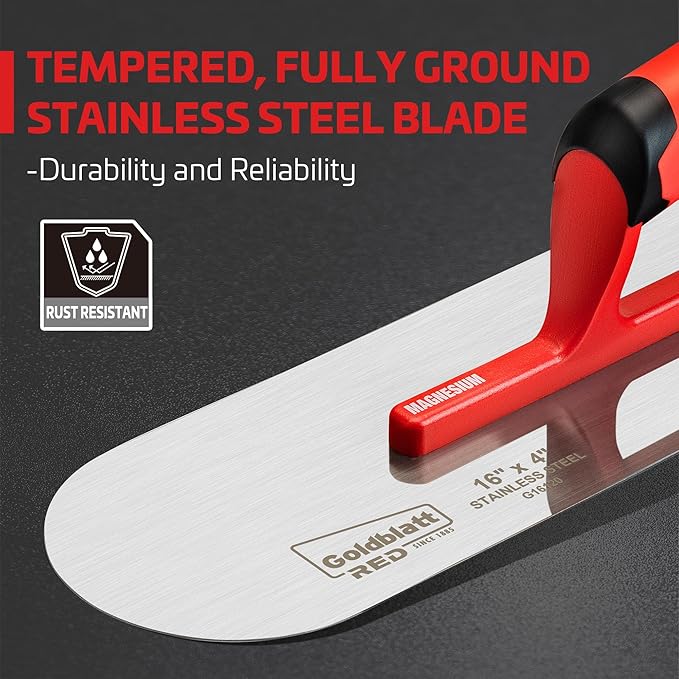 Goldblatt RED Stainless Steel Pool Trowel, 16"x 4" Professional Drywall Masonry Trowel with Soft Grip Handle, Lightweight Magnesium Shank, Round End, Plastering Trowel for Sheetrock Wallboard