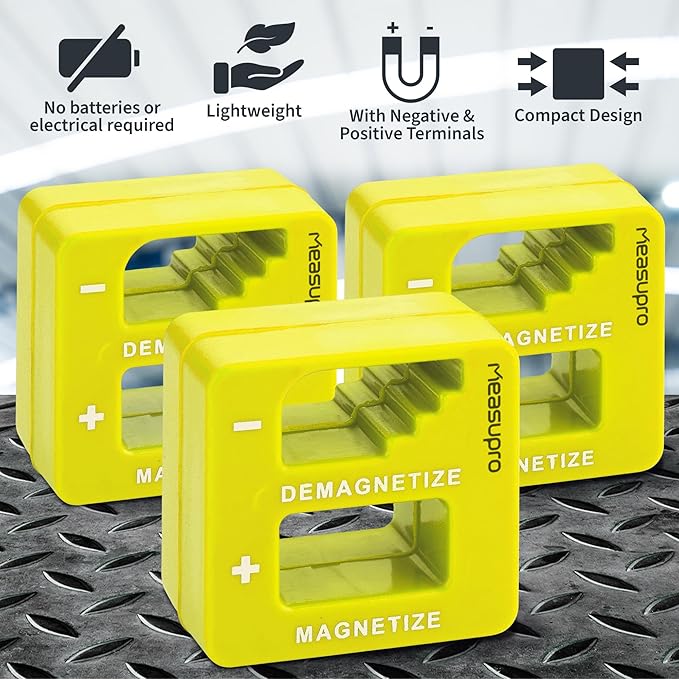 Demagnetizer and Magnetizer - Yellow - 3 Pack - for Screwdrivers Tips, Bits, and Small Tools, Large or Big Screws, Drills, Drill Bits, Sockets, Nuts, Bolts, Nails and Precision Construction
