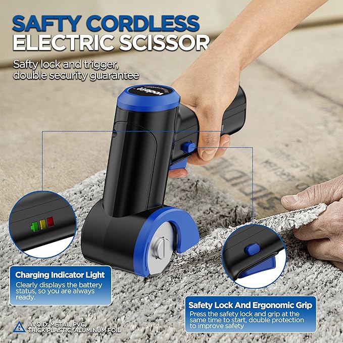 4V Cordless Electric Scissors, Rechargeable Cardboard Cutter with 2000mAh Battery, Safety Lock & 2 Blades ??Gift for DIY Crafts, Fabric, Leather Projects (Blue)