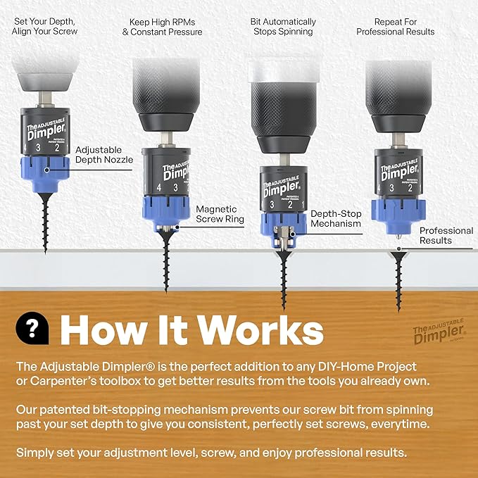 Adjustable DIMPLER ® - Drywall Bit & Screw Gun Attachment, Converts Drill into Drywall Screw Gun or Deck Screwdriver, Magnetic Bit Holder for Fast, Accurate Installation