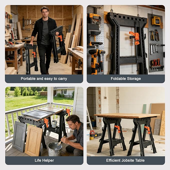 ZYJOYY Clamping Sawhorses 2 Pack Folding, Portable Heavy Duty Sawhorse with 1000 lbs Weight Capacity Total,Built-in Tool Tray and Cord Hooks