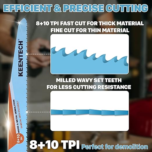 KEENTECH 9 Inch Bi-Metal Reciprocating Saw Blade 5-Pack for General Purpose Metal & Wood Demolition, 8/10 TPI, Fits Milwaukee Sawzall and Other Reciprocating Saws