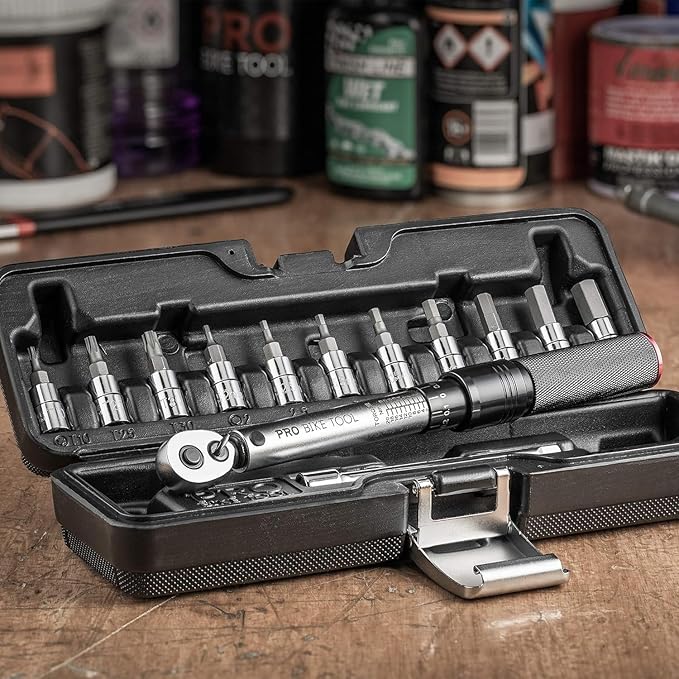 PRO BIKE TOOL Adjustable Torque Wrench Set - High-Precision 1/4 Wrench with 2-20 Nm Range - Complete Bike Tool Kit with Hex, Torx Bits, and Case for Easy Storage