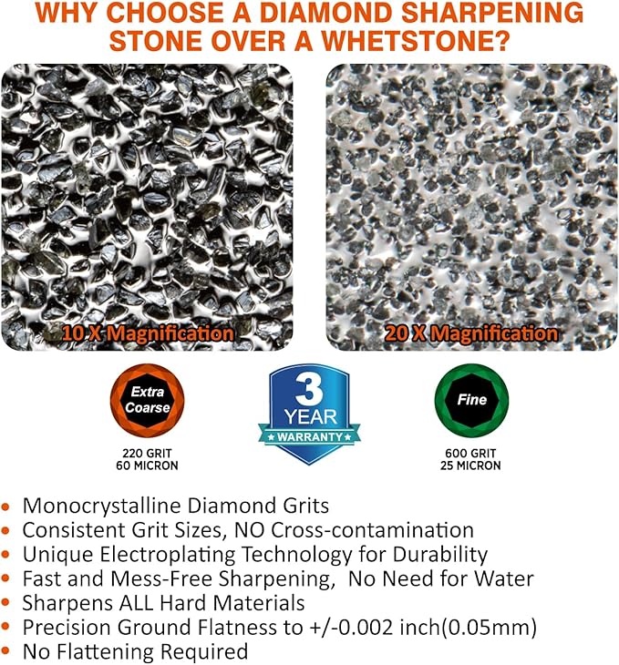 SHARPAL 169H Large 8" x 3" Dual-Grit Diamond Sharpening Stone ??Extra-Coarse 220 & Fine 600 Grit Monocrystalline Diamond Whetstone, Professional Knife Sharpener with Anti-Slip Pad and Angle Guide