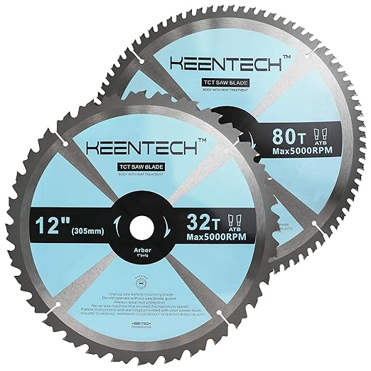 KEENTECH 12 Inch Woodworking Miter Saw Blade 32T / 80T Combo 2-Pack, Tungsten Carbide Tipped, ATAF Grind, 1 Inch Bore