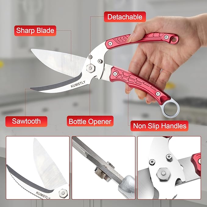 Heavy Duty Poultry Shears Professional Kitchen Scissors for Cutting Chicken, Turkey, Meat, Bones, Vegetables Stainless Steel Spatchcock Shears Multipurpose Food Scissors (Red)