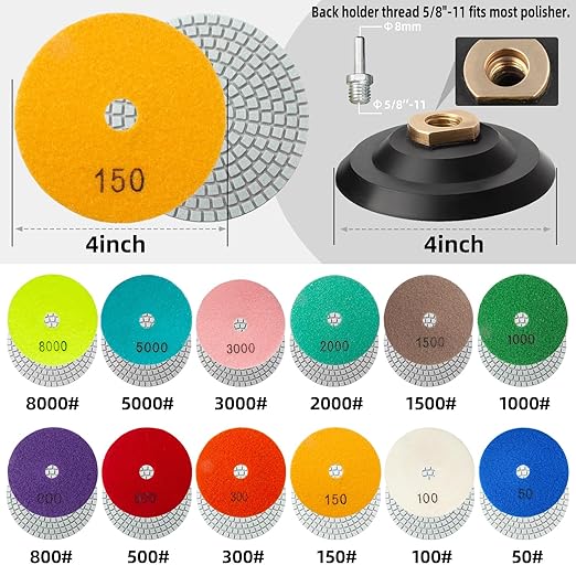 13 Packs 4 Inch Diamond Polishing Pads with 5/8?쇺?11 Backer Pad 12PCS Wet/Dry Polish Pad Kit for Drill Grinder Polisher 50-8000 Grit Pads for Granite Marble Concrete Stone Countertop Quartz Polishing