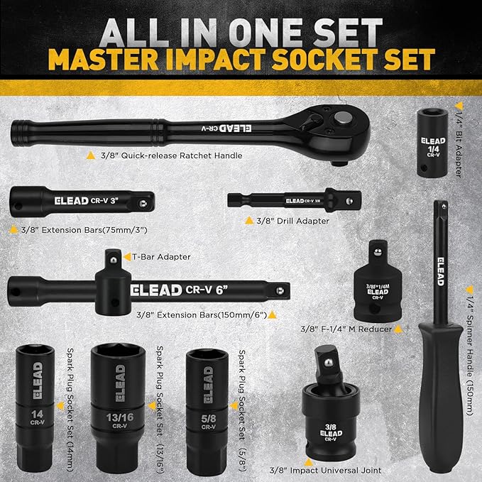 ELEAD 3/8" Drive Impact Socket Set, 96-Piece Deep & Shallow Socket Set Metric and Standard Full with Adapters, Ratchet Handle, Universal Joint, Extension Bar, Screwdriver Bit Sets, Spark Plug Sockets