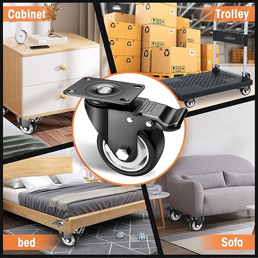 Casters, 3" Caster Wheels竊똂asters Set of 4 Heavy Duty - ASRINIEY Black Polyurethane Castors, Top Plate Swivel Wheels, 4-Pack Industrial Casters with Brake, Locking Casters for Furniture and Workbench