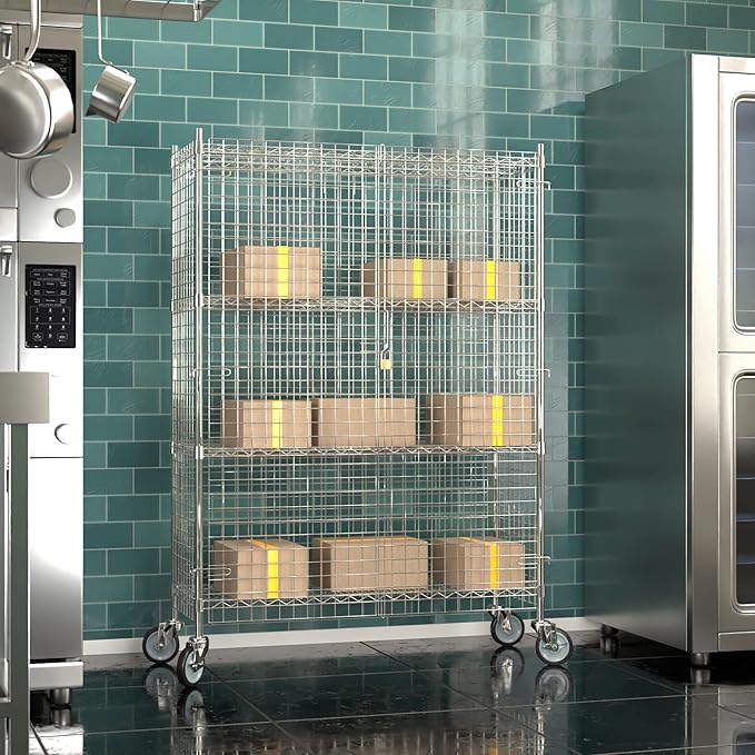 Commercial Grade NSF Listed Metal Wire Mesh Storage Chrome Mobile Security Cage Kit, 18" x 48" x 70", Perfect for Warehouse, Grocery Store, Restaurant, Dishroom