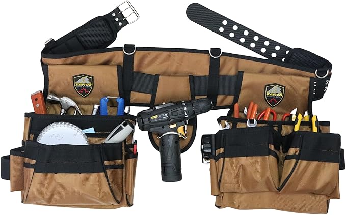 ZAKCO Professional 1680D Polyester Tool Belt with Suspender, Strudy Tool Belt for Carpenters, Framers, Electricians, Plumbers, Hanyman & DIY (Khaki, Full Size)