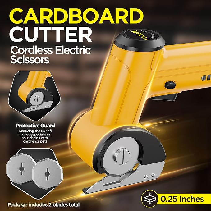 4V Cordless Electric Scissors, Rechargeable Cardboard Cutter with 2000mAh Battery, Safety Lock & 2 Blades ??Great Gift for DIY Crafts, Fabric, Leather Projects (Yellow)