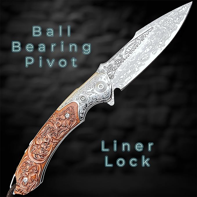 TACTICAL GEARZ Damascus Steel Pocket Knife, Custom Carved Rosewood Handle, Includes Custom Leather Sheath (Kahuna XT)