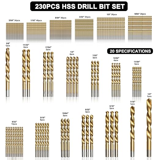 230 Pcs Drill Bit Set(1/16??1/2??, 135째 Tip Titanium Coated High Speed Steel, Twist Drill Bit Kit for Iron, Aluminum Alloy, Copper, Wood, Plastic, with Hard Storage