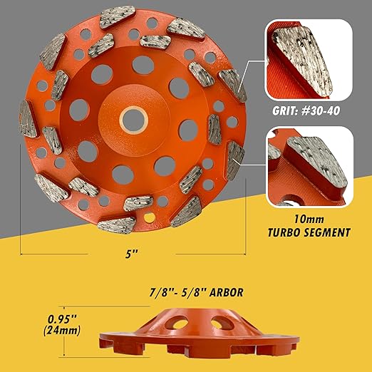 5" High Performance Diamond Grinding Wheels for Aggressive Concrete, Paint, Epoxy, Mastic & Coating Removal, #20 Grit, 18 Segments, 7/8"-5/8" Non-Threaded Arbor
