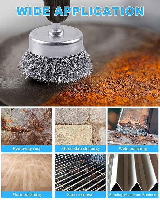 Rocaris 7-Pack Carbon Steel Wire Wheel Brush Set - Cup, Wheel, Pen Brushes with 1/4-Inch Round Shank for Rust Removal, Corrosion and Scrubbing Surfaces